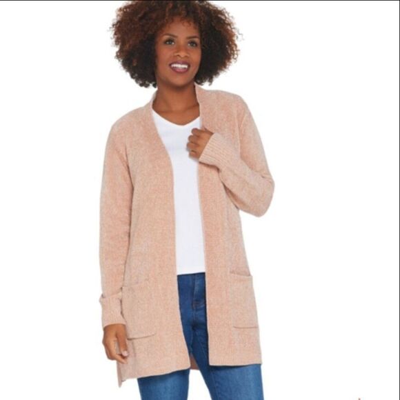*holes* NWOT Denim & Co. Petite Long- Sleeve Open- Front Cardigan | Size LP - Picture 1 of 10